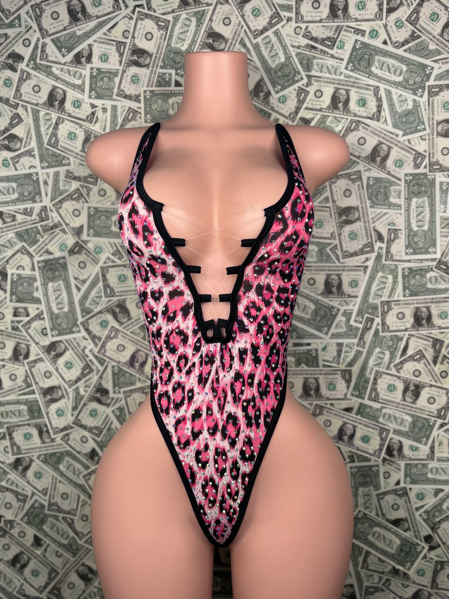 V Cut One Piece - Pink / Black