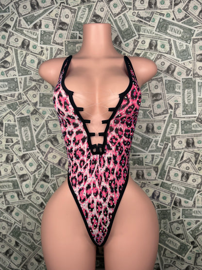 V Cut One Piece - Pink / Black